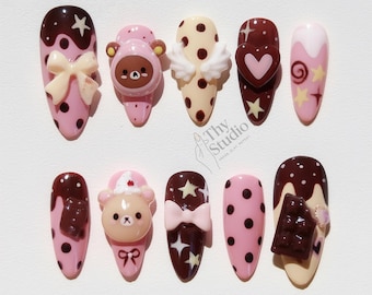 Kawaii 3D Chocolate Bear Press On Nails: Pink Dessert Nail Art