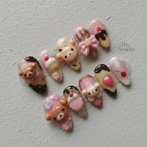 Rilakkuma 3D Press On Nails: Kawaii Strawberry Chocolate Handmade Nail Art