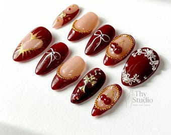 Handmade Cherry Red Press On Nails, Bows and Gold Glitter Accent