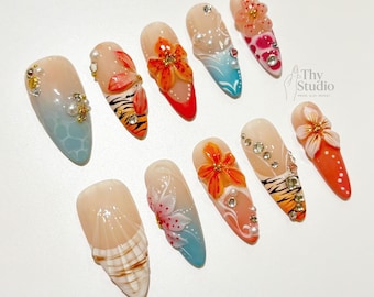 3D Seashell Press On Nails: Ocean Pearl Mermaid Nail Art