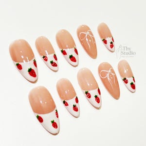 Strawberry Press On Nails with Bow Accent, Red Berry French Tip Nails, Cute Summer Kawaii Fake Nails, Pink Fruit Nail Art Set, Gift for Her