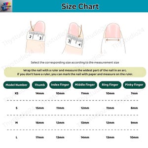 May include: A size chart for nail sizing, with illustrations of how to measure nails. The chart includes measurements in millimeters for thumb, index, middle, ring, and pinky fingers, with sizes ranging from XS to L.