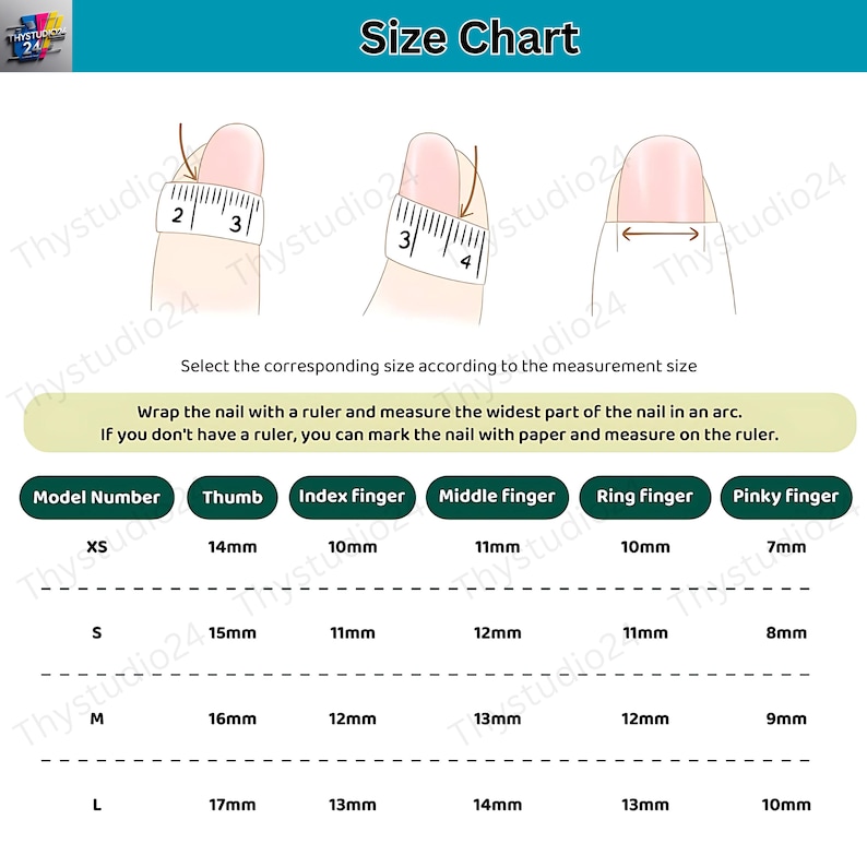 May include: A size chart for nail sizing, with illustrations of how to measure nails. The chart includes measurements in millimeters for thumb, index, middle, ring, and pinky fingers, with sizes ranging from XS to L.