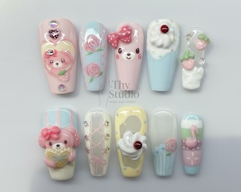 Kawaii 3D Bear Press On Nails, Pastel Sweet Nail Art Set