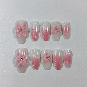 Cherry Blossom Press On Nails, Milky Pink 3D Floral Nail Set, Ombre Spring Nails, Soft Girl Aesthetic, Handmade Elegant Nail Tips