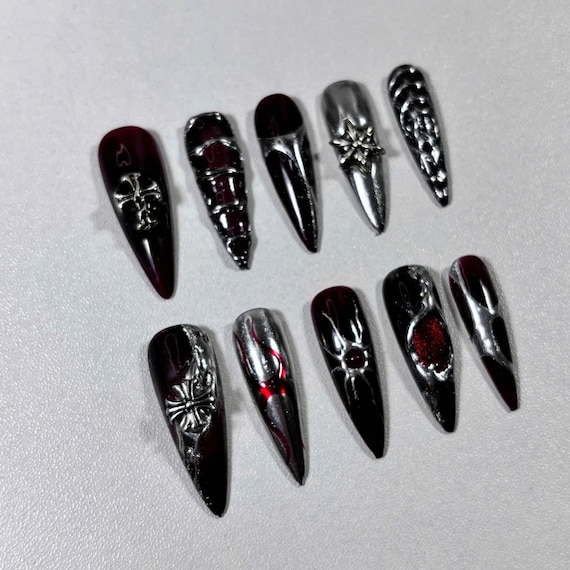 Gothic Blood Chrome Press On Nails, 3D Silver Cross, Vampirecore Cosplay