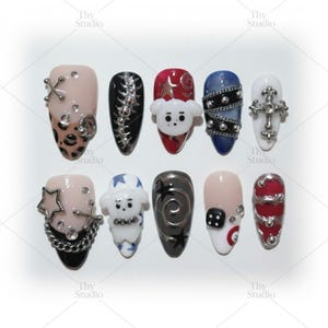 Hand Painted Kpop Chrome Star Press On Nails, Edgy Korean Idol Statement Art