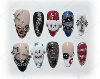 Uñas postizas Kpop Chrome Star pintadas a mano, arte vanguardista de ídolo coreano.
