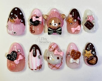 Rilakkuma Press On Nails: Pink Chocolate 3D Bear, Candy Bows