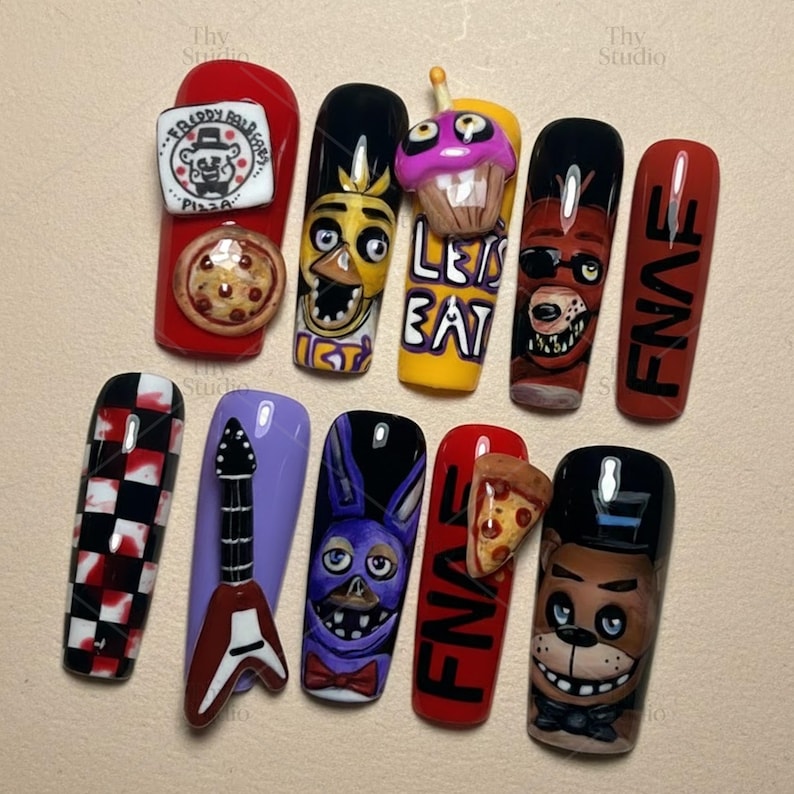 Handmade FNAF Press on Nails, Five Nights at Freddy’s Characters Set ...