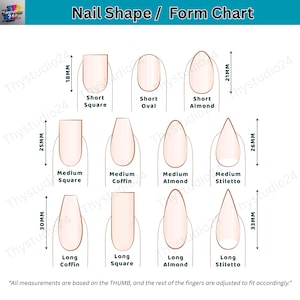 May include: A nail shape and form chart with nine different nail shapes, including Short Square, Short Oval, and Short Almond. Measurements are in millimeters, with the longest nail shape being 33mm. The text reads "All measurements are based on the THUMB."