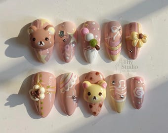 Handgjorda 3D-björnpressnaglar: Babyrosa kawaii-nagelset