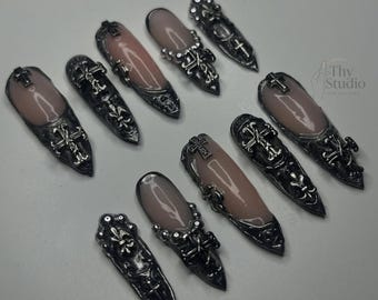 Dark Silver Gothic Cross Press On Nails: 3D Medieval Armor Nail Art