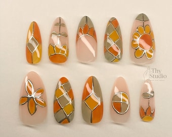 Stained Glass Blumenpresse auf den Nägeln: Orange Gelb Herbst Nail Art