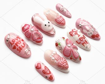 Pink Bunny Press On Nails, Valentine Heart Bow, Cherry Pearl Nail Set