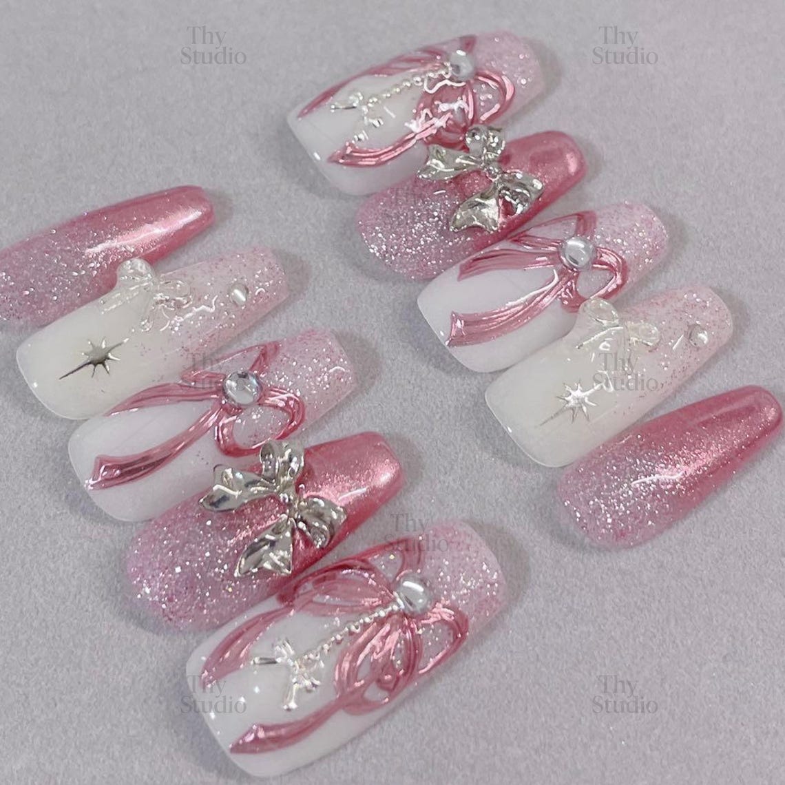Pink Ribbon Press on Nails, Balletcore Bow Charm, Handmade - Etsy
