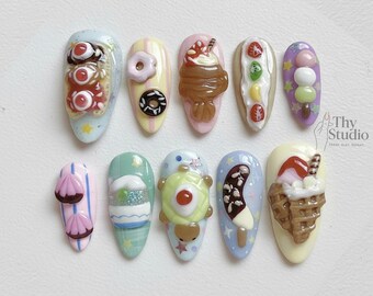 Handmade 3D Kawaii Dessert Press On Nails, Sweet Treat Nail Art Set