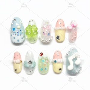 Handmade Wishcore Press On Nails, Kawaii Pastel Charms