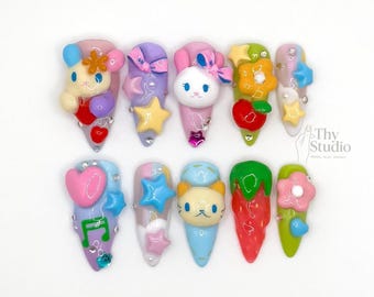 Handmade 3D Cartoon Press On Nails: Kawaii Character Nail Set
