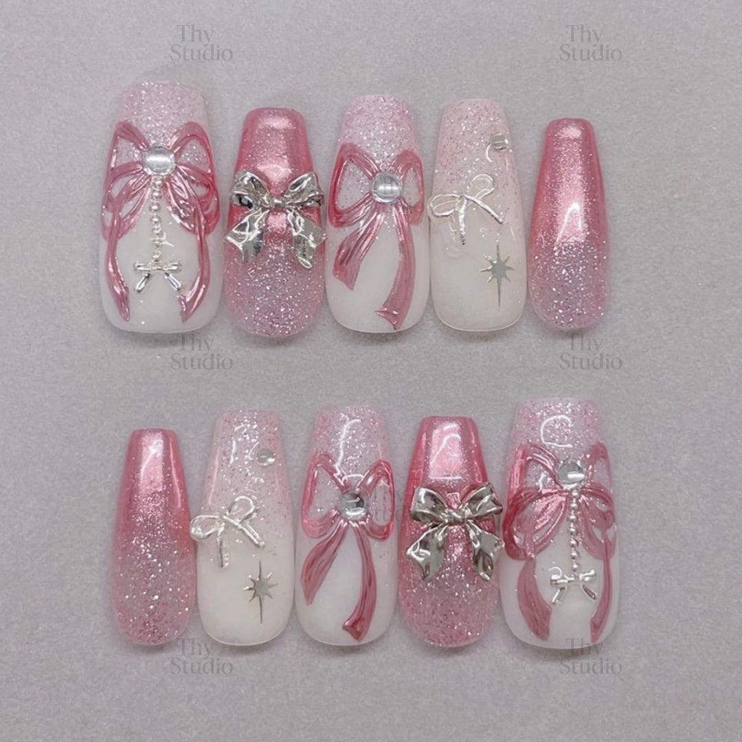 Pink Ribbon Press on Nails, Balletcore Bow Charm, Handmade - Etsy