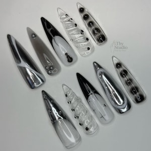 Black and Silver Chrome Press On Nails with 3D Details and Glossy Finish, Extra Long Nail Art Set, Modern Gothic Nails, Gothic Nails Set