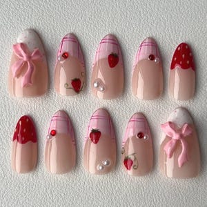 Strawberry Press On Nails With Pink Bows, Cute French Tips Nail Set, Girly Kawaii Nails Gift For Her, Handmade Sweet Berry Aesthetic Nails