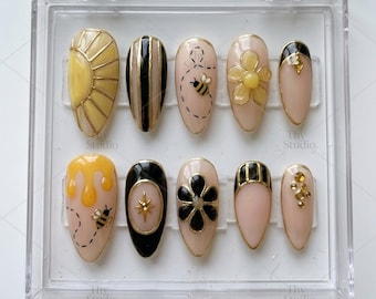 Stained Glass Bee Almond Press On Nails, Honey Floral Gold Outline Set