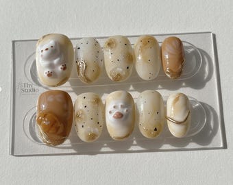 3D Cat Paw Press On Nails: Coffee Shio Pan Bread Art, herfstbeige