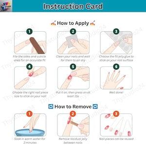 May include: Instruction card with step-by-step instructions for applying and removing nail pieces. The card includes diagrams showing how to file nails, clean them, apply glue, and press on the nail pieces. The card also shows how to remove the nail pieces.