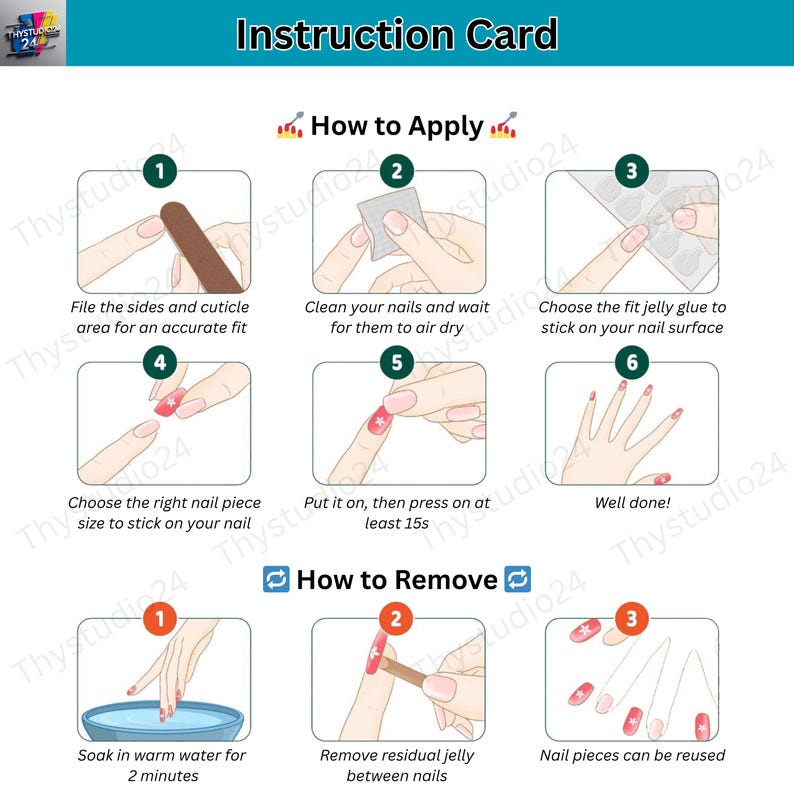 May include: Instruction card with step-by-step instructions for applying and removing nail pieces. The card includes diagrams showing how to file nails, clean them, apply glue, and press on the nail pieces. The card also shows how to remove the nail pieces.