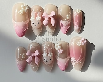 3D Bunny Press On Nails, Pink Bow Flower Coquette Nails