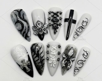 Black & White Gothic Press On Nails, Corset Lace, 3D Baroque, Handmade