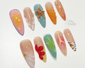 3D Tropical Beach Press On Nails: Starfish, Zebra Print, Summer Nail Art