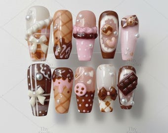 Neapolitan Chocolate Dessert Press On Nails, Kawaii Bakery Nails, Sweet Ice Cream Nail Set, Pink Brown Cream Press On Nails