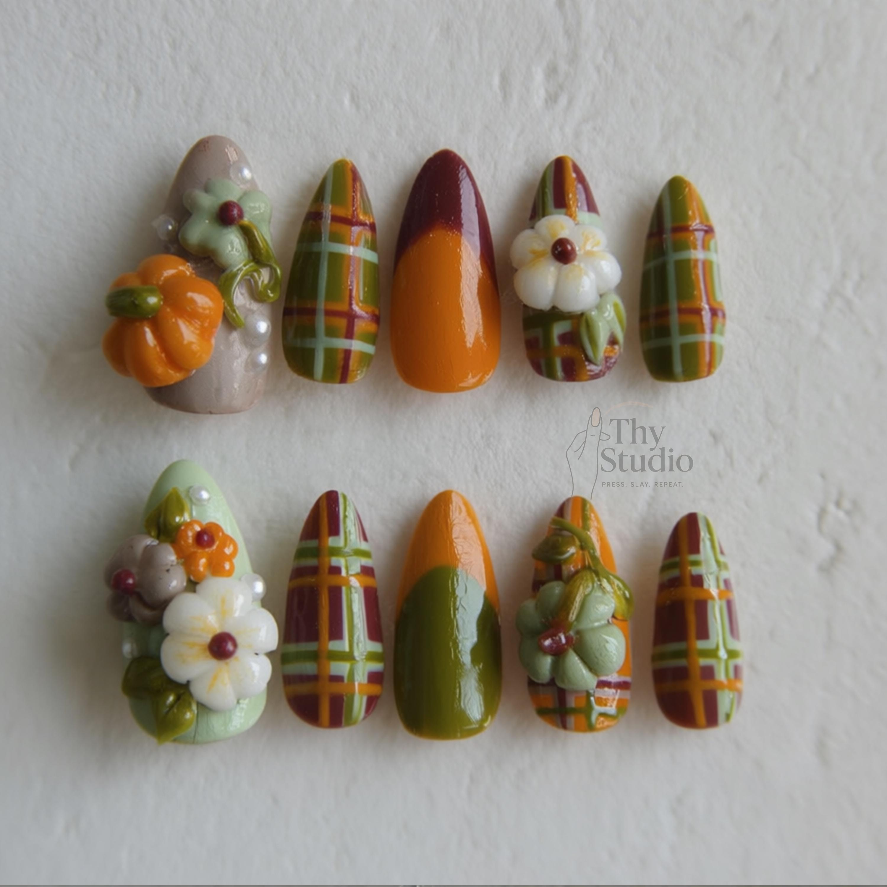 Handmade 3D Pumpkin Plaid Press On Nails: Autumn Flower Nail Art