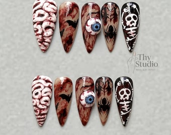 Presse d'horreur 3D sur les ongles, décoration d'ongles effrayante aux amandes d'Halloween