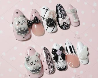 Chiikawa Press On Nails, Pink Lace Coquette Nail Art, 3D Bunny Charms