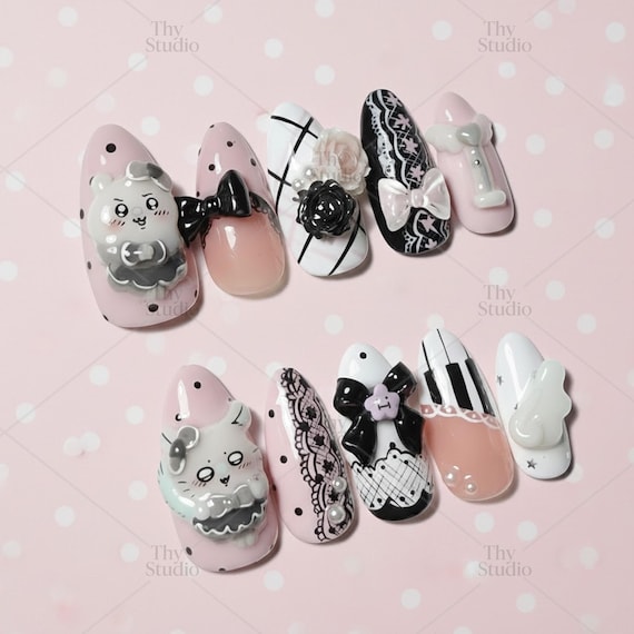 Chiikawa Press On Nails, Pink Lace Coquette Nail Art, 3D Bunny Charms
