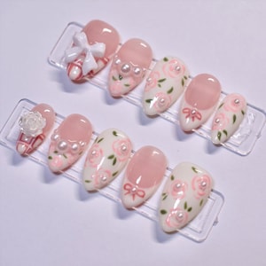 Dainty Rose Press On Nails With Pearl Bow Details, Elegant Floral Fake Nails For Her, Romantic Gift Nails For Women Wedding Or Picnic Date