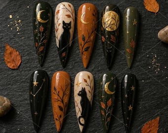 Mystic Nails, Black Cat Moonlit Forest Press On Nails, Celestial Fall Nail Art, Crescent Moon Witchy Autumn Nails