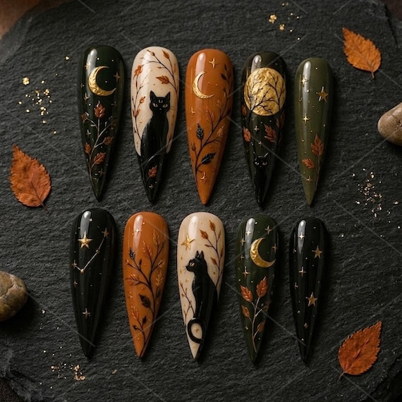 Mystic Nails, Black Cat Moonlit Forest Press On Nails, Celestial Fall Nail Art, Crescent Moon Witchy Autumn Nails