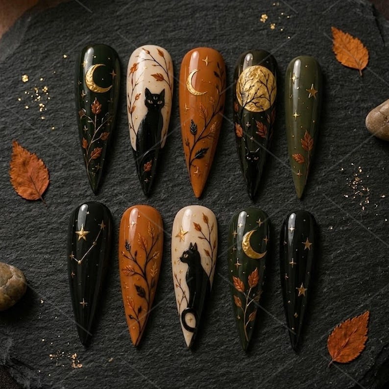 Mystic Nails, Black Cat Moonlit Forest Press On Nails, Celestial Fall Nail Art, Crescent Moon Witchy Autumn Nails bild 1