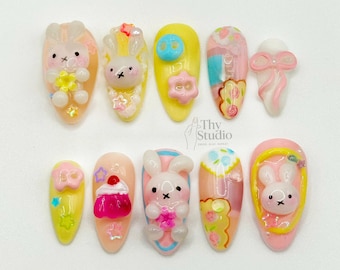 Kawaii Bunny Press On Nails: Pastel Cupcake 3D Easter Nail Set