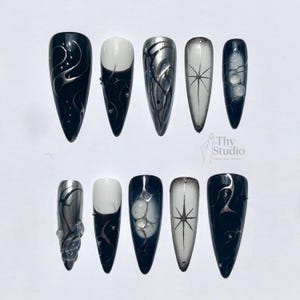 Dark Tribal Stiletto Press On Nails, Black White Silver Gothic Nail Art, Long Edgy Fake Nails, Alternative Punk Rock Nail Set Gift for Her