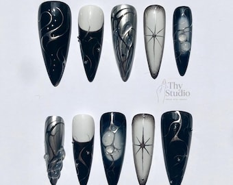 Dark Tribal Stiletto Press On Nails: Gothic Punk Rock Nail Art