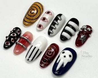 Horror Anime Press On Nails, Creepy Eye Nail Art, Handmade Halloween Nails