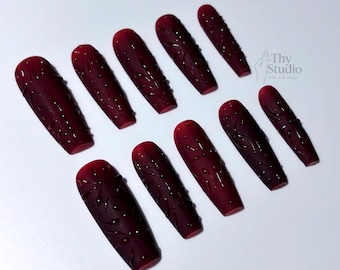 Blood Red Press On Nails, Gothic 3D Coffin Nail Art
