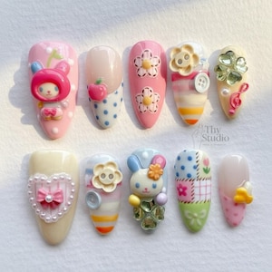 3D Bunny Press On Nails: Kawaii Garden Nail Set