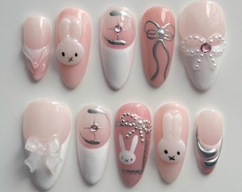 Miffy Bunny Press On Nails: Pink Pastel 3D Pearl & Bow Kawaii Nails