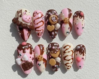 Neapolitan Bakery Press On Nails, Chocolate Strawberry Vanilla Nails, Kawaii Dessert Nail Set, Sweet Ice Cream Press On Nails